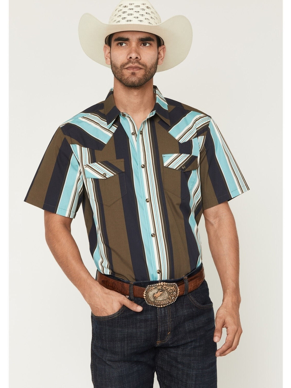 Gibson Men’s Striped Button-Down Shirt - Teal & Brown